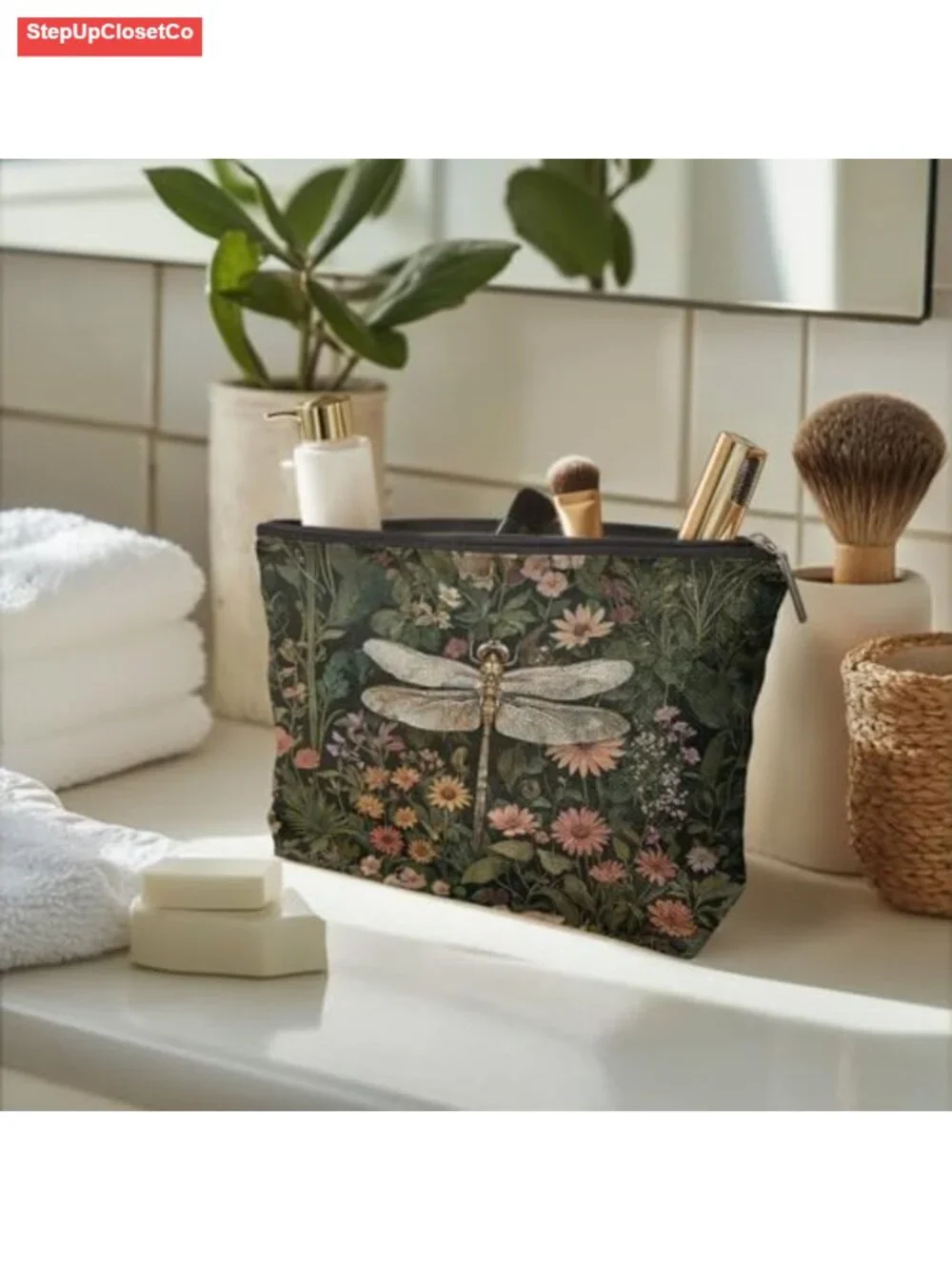 Waterproof Linen Floral Makeup Bag, Double-Sided Cosmetic Zipper Pouch